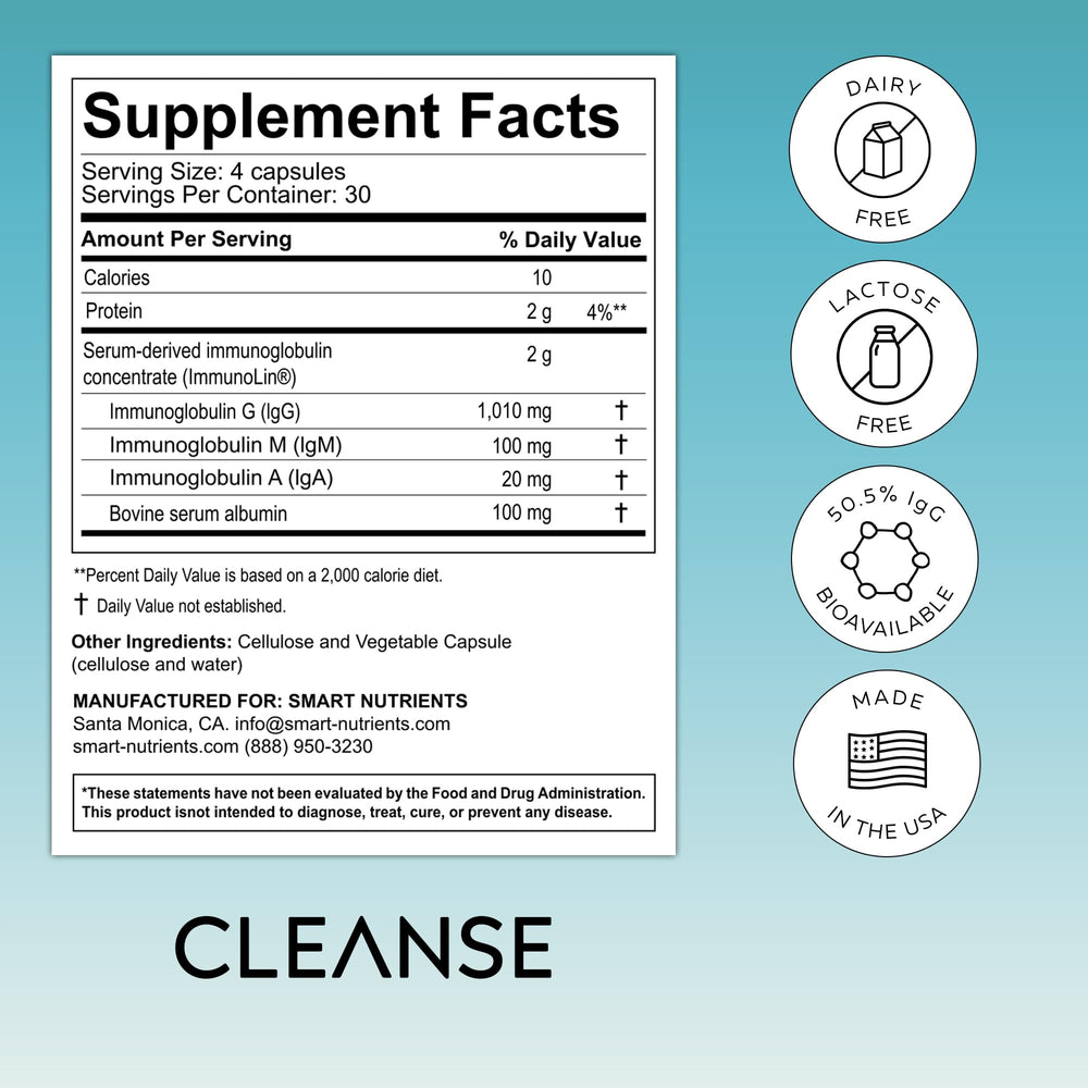Label highlighting 50.5% IgG concentration on CLEANSE Colostrum bottle