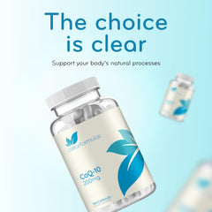 Serving size with glass of water beside CoQ10 capsules