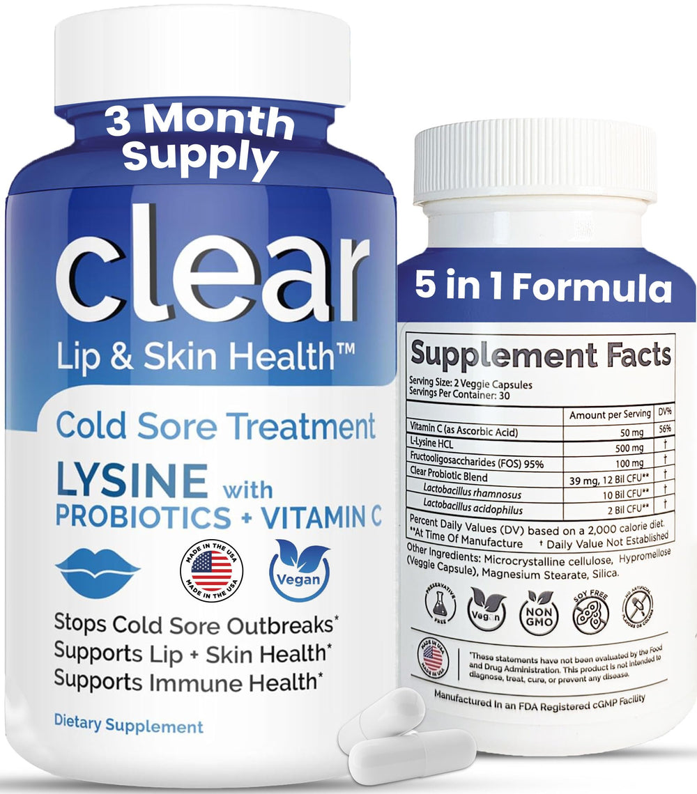 Hero image: Clear Probiotics Lysine Cold Sore Treatment for Lips bottle