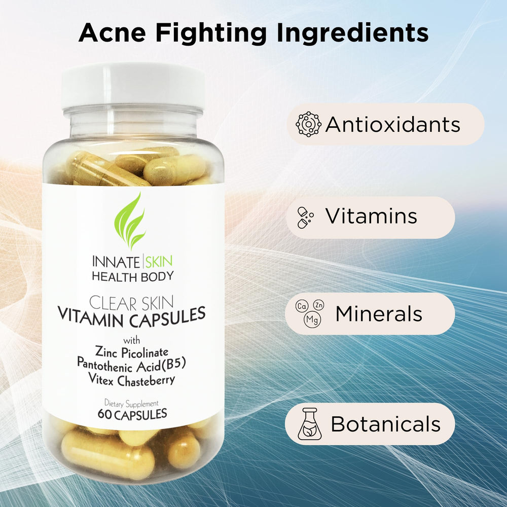 Close-up of Clear Skin Acne Vitamins Capsules bottle