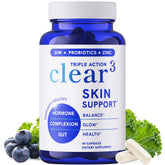 Clear Skin Supplement bottle with zinc, DIM and probiotics label - front view