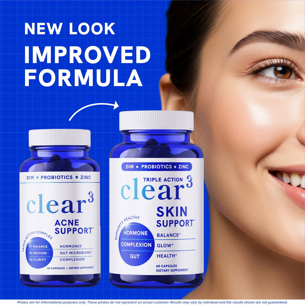 Close-up of capsules beside the Clear Skin Supplement bottle