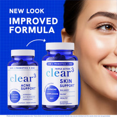 Close-up of capsules beside the Clear Skin Supplement bottle