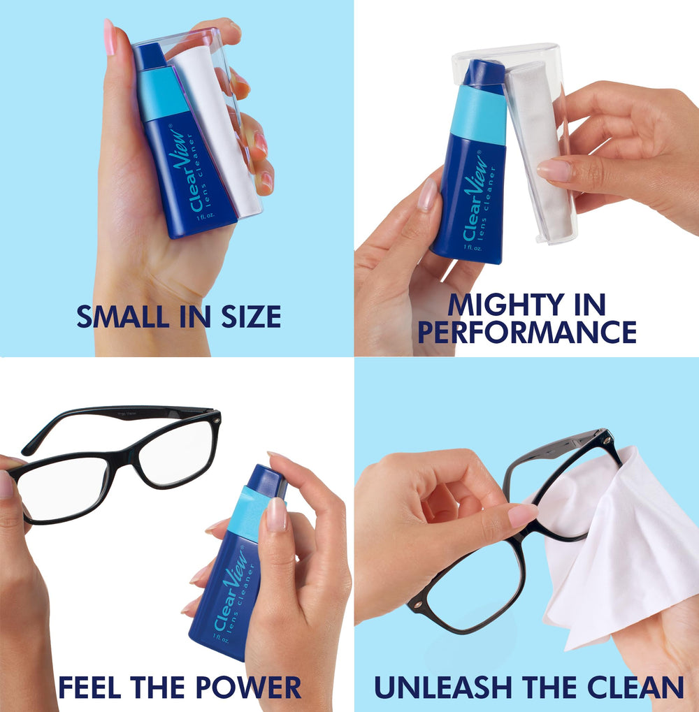 Close-up of refillable lens cleaner bottle with built-in cloth storage compartment
