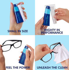 Close-up of refillable lens cleaner bottle with built-in cloth storage compartment