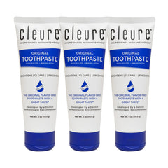 Front view of Cleure Original No Fluoride Toothpaste 4oz tube in pack of 3