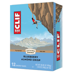 CLIF Bar Blueberry Almond Crisp packaging highlights on-the-go energy for workouts.