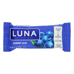 CLIF Bar Luna Bar Blueberry Bliss packaging shows portable resealable case for on-the-go snacking.