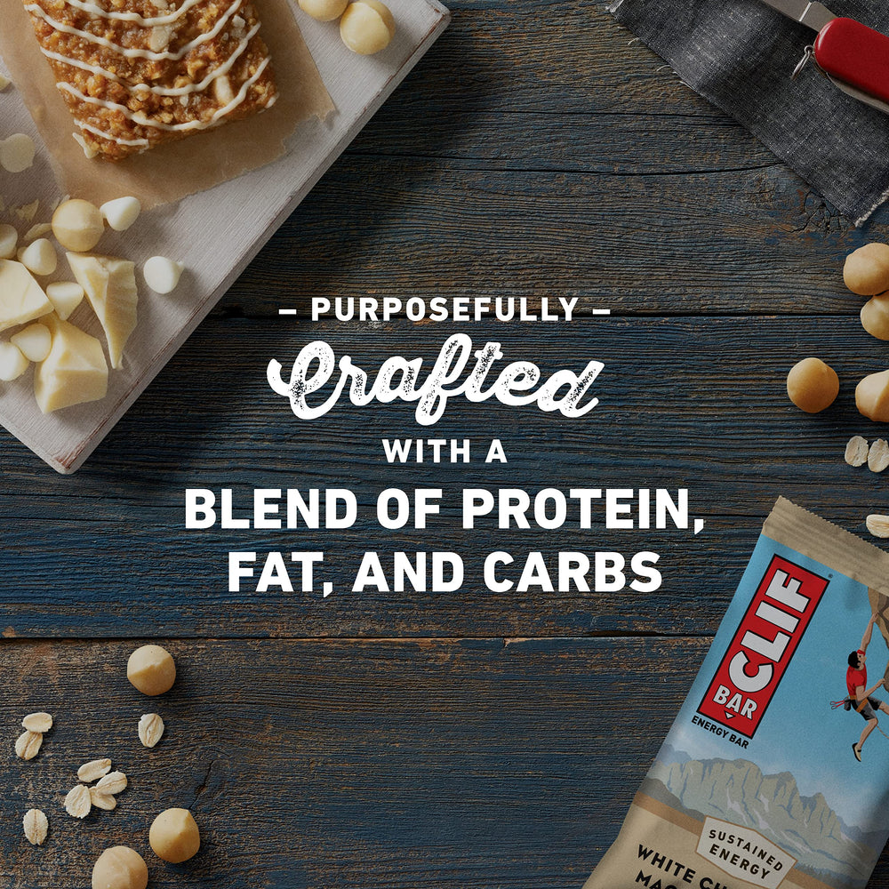 CLIF Bar white chocolate chips close-up showcasing flavor and energy-friendly ingredients.