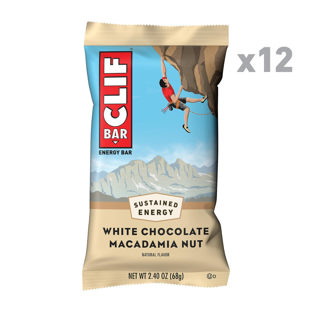 CLIF Bar White Chocolate Macadamia Nut bar slice highlights creamy texture and satisfying bite.