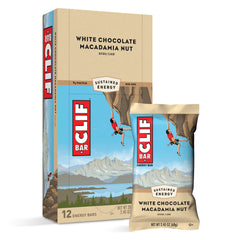CLIF Bar White Chocolate Macadamia Nut bar close-up showing creamy texture for on-the-go energy.