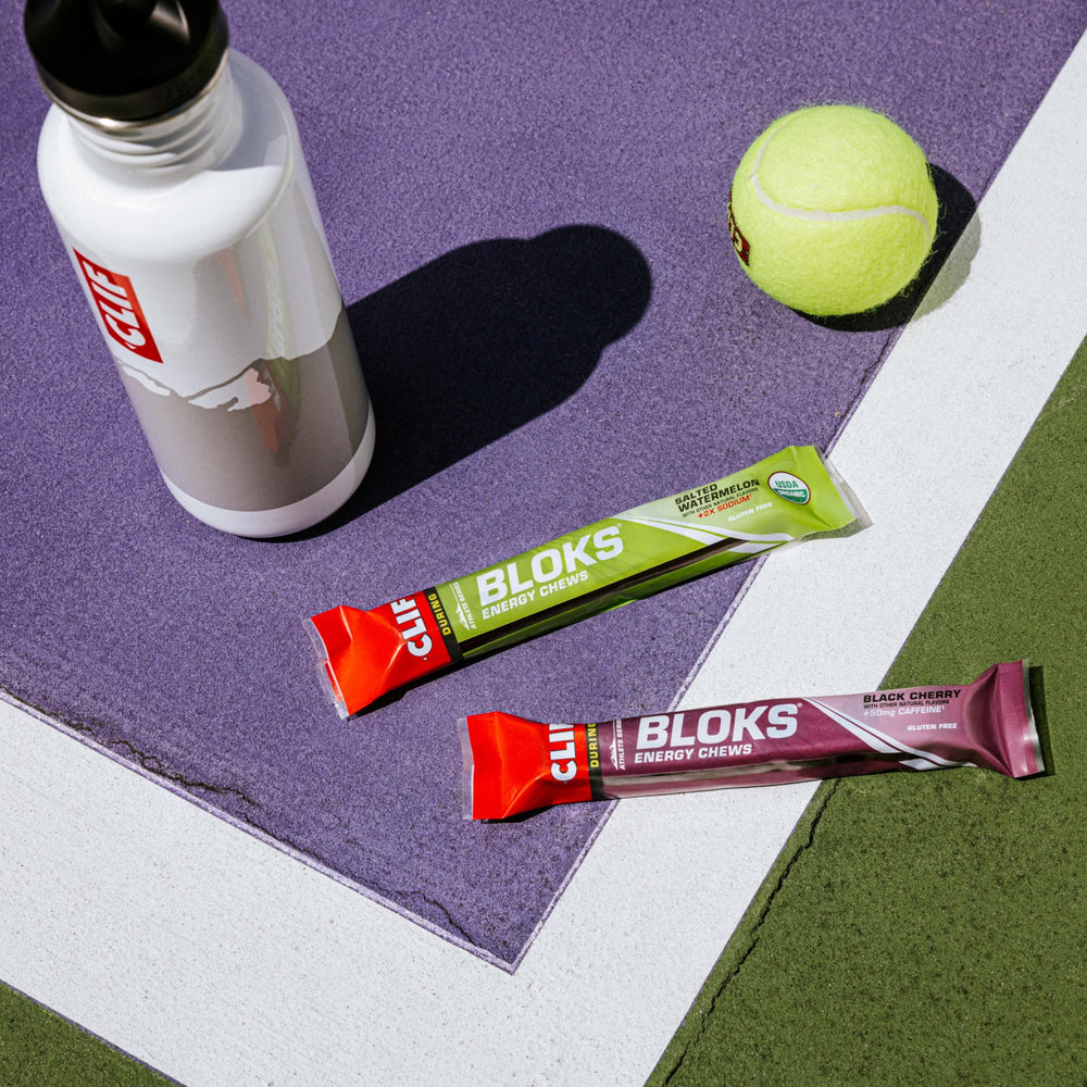 CLIF BLOKS packaging showing 24 g carbs and caffeine