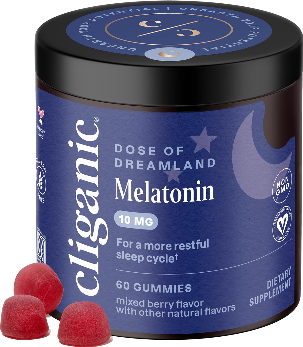 Berry-flavored Cliganic Melatonin Gummies bottle showing 60-day supply