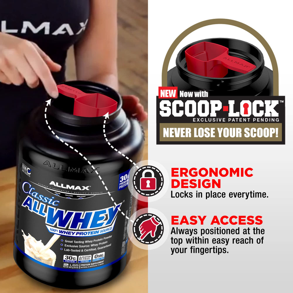 Close-up of Allmax AllWhey Cookies and Cream label showing gluten-free and purity cues