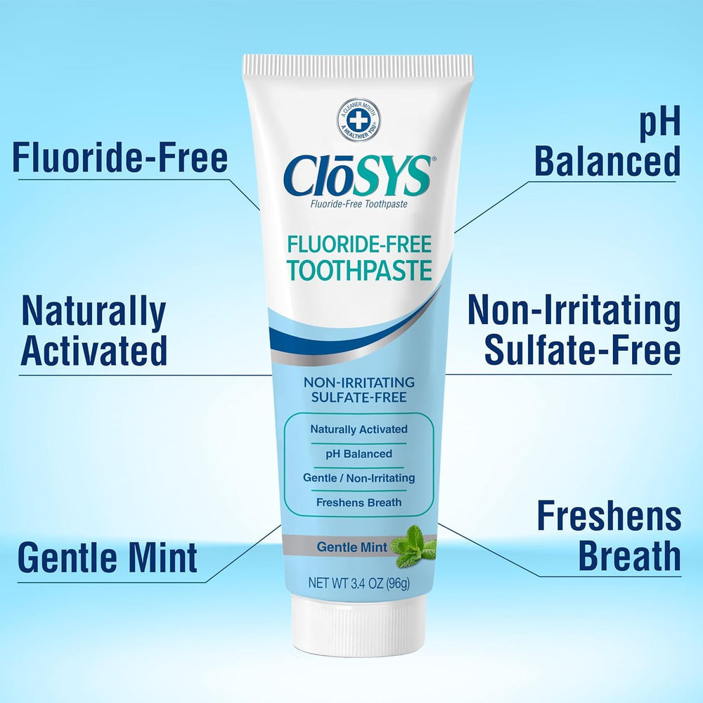 Toothpaste tube showing Gentle Mint flavor and fluoride-free formula