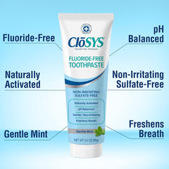 Toothpaste tube showing Gentle Mint flavor and fluoride-free formula