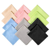 12-pack assorted color microfiber cleaning cloths laid out showing six colors (2 of each) - 6x7 inches