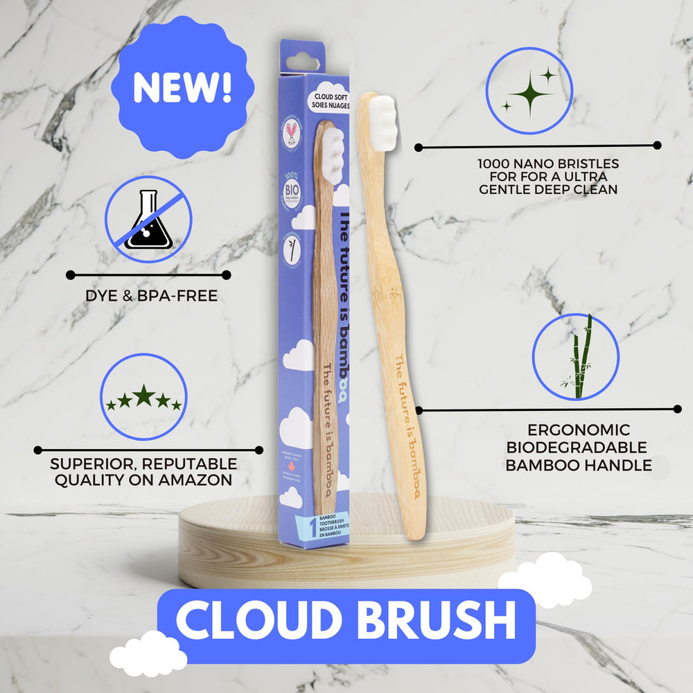 Six Cloud Brush bamboo toothbrushes arranged together