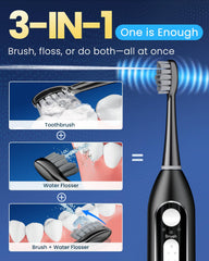 Close-up of brush head and water flosser nozzle