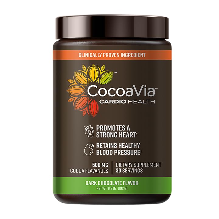 CocoaVia Cardio Health Powder jar displayed on kitchen counter