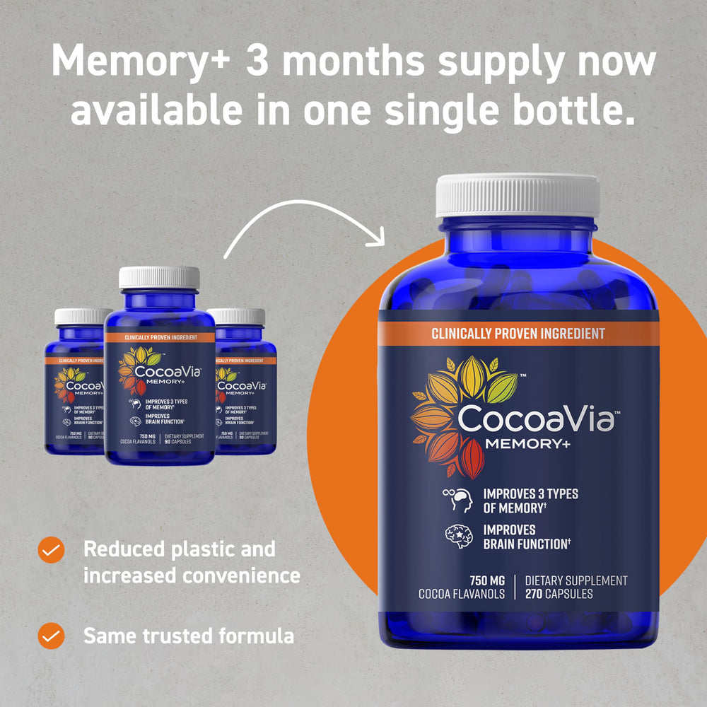 90-day supply packaging for CocoaVia Memory+ Brain Supplement.