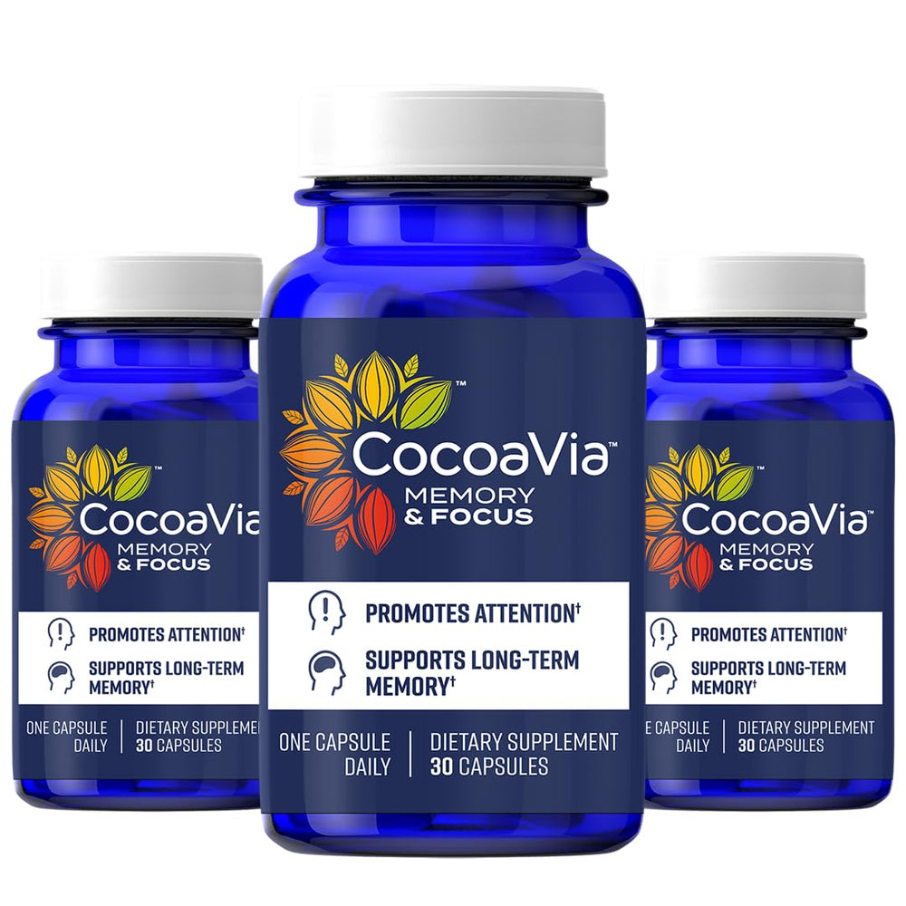 CocoaVia Memory & Focus bottle with 90 capsules on white background