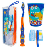 COCOBURI Dinosaurs 4-Piece Kids Toothbrush Set with cup, guard, and travel pouch