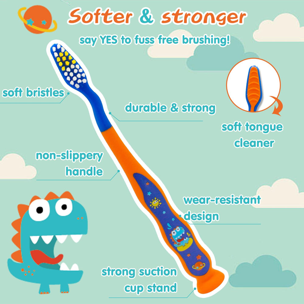 Soft-bristle kid's toothbrush designed for small dinosaur-themed set