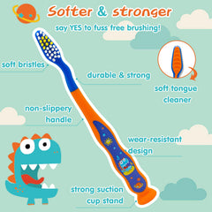 Soft-bristle kid's toothbrush designed for small dinosaur-themed set