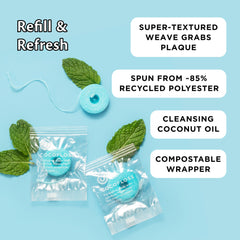 Mint-scented Cocofloss floss gliding between teeth