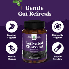 Activated charcoal capsules next to bottle