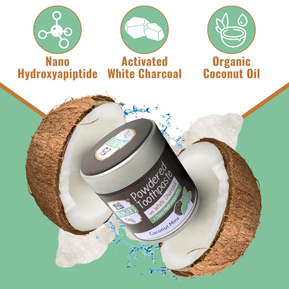 Coconut mint fluoride-free charcoal toothpaste powder packaging