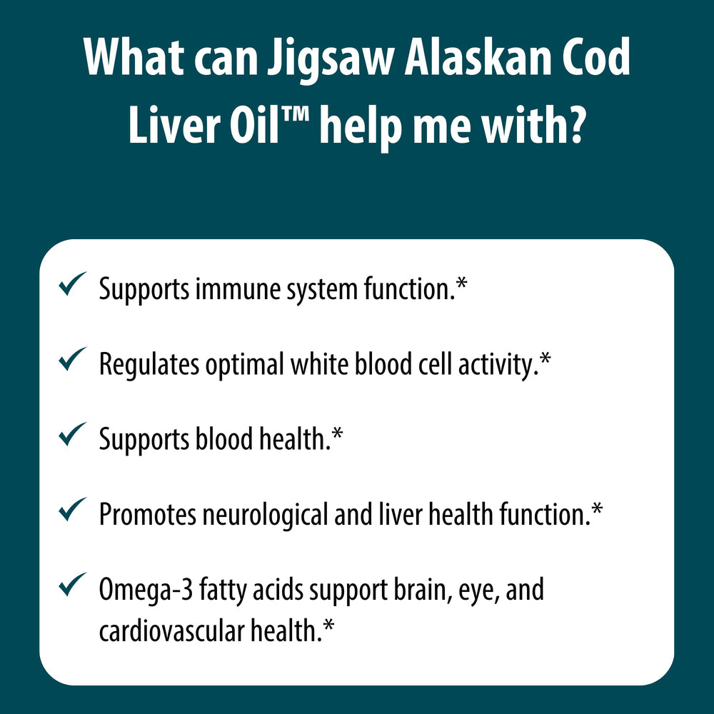 Jigsaw Health cod liver oil liquid bottle with label and serving information