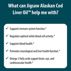 Jigsaw Health cod liver oil liquid bottle with label and serving information