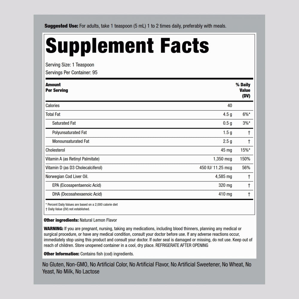 Cod Liver Oil Liquid with EPA and DHA Lemon Flavor 16 oz