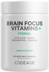 Bottle of Codeage Brain Focus Vitamins+ Nootropic supplement, 60 capsules