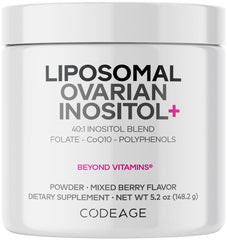Codeage front packaging showing berry flavored liposomal inositol for easy daily use