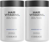 Codeage Hair Vitamins bottle showing 10000 mcg biotin, keratin, and collagen blend