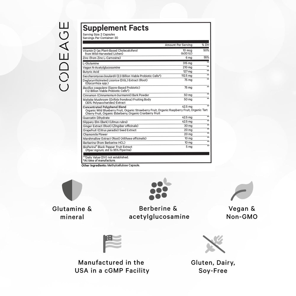 Codeage Leaky Gut Supplement label displaying ingredients