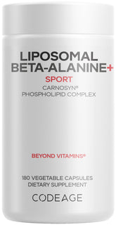 Codeage Liposomal Beta-Alanine bottle emphasizes sustained performance support for workouts.