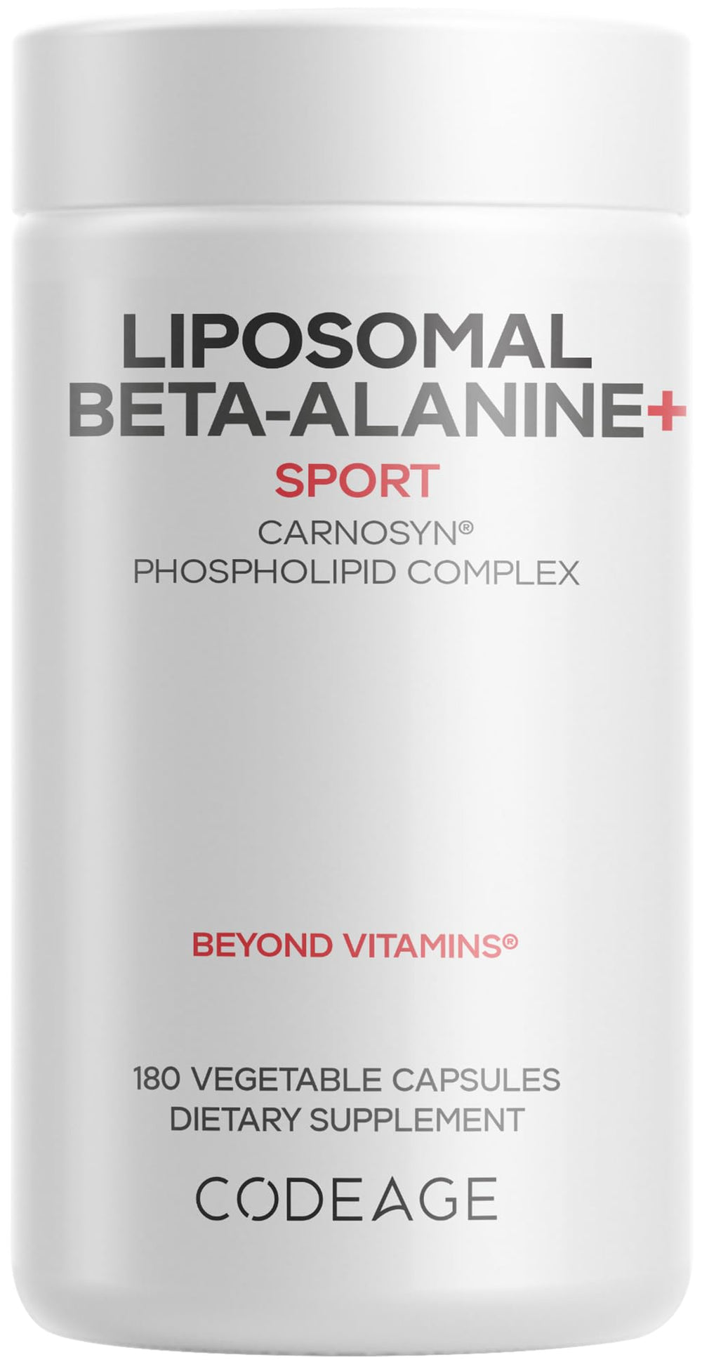 Codeage Liposomal Beta-Alanine bottle emphasizes sustained performance support for workouts.