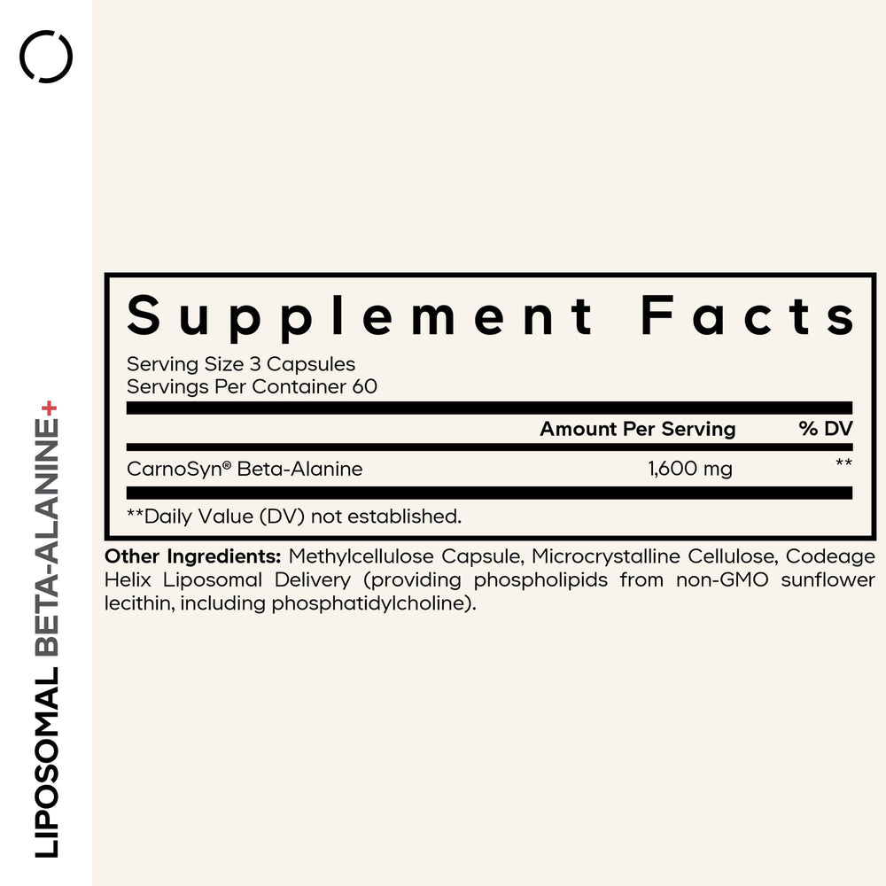 Codeage Liposomal Beta-Alanine label highlights CarnoSyn for athletic support.