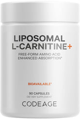 Codeage Liposomal L-Carnitine+ bottle shows 3-month supply of 90 capsules for convenient daily use