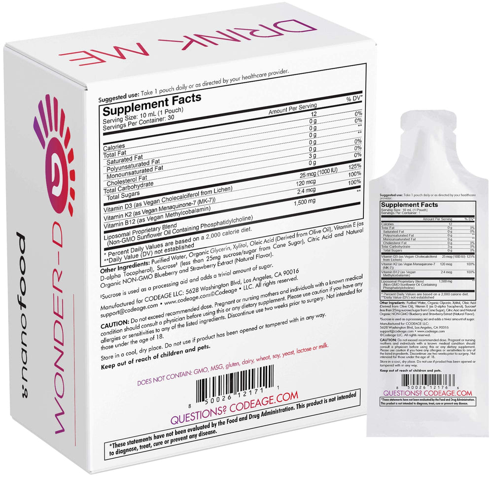 Nutrition panel showing 1000 IU D3 per sachet