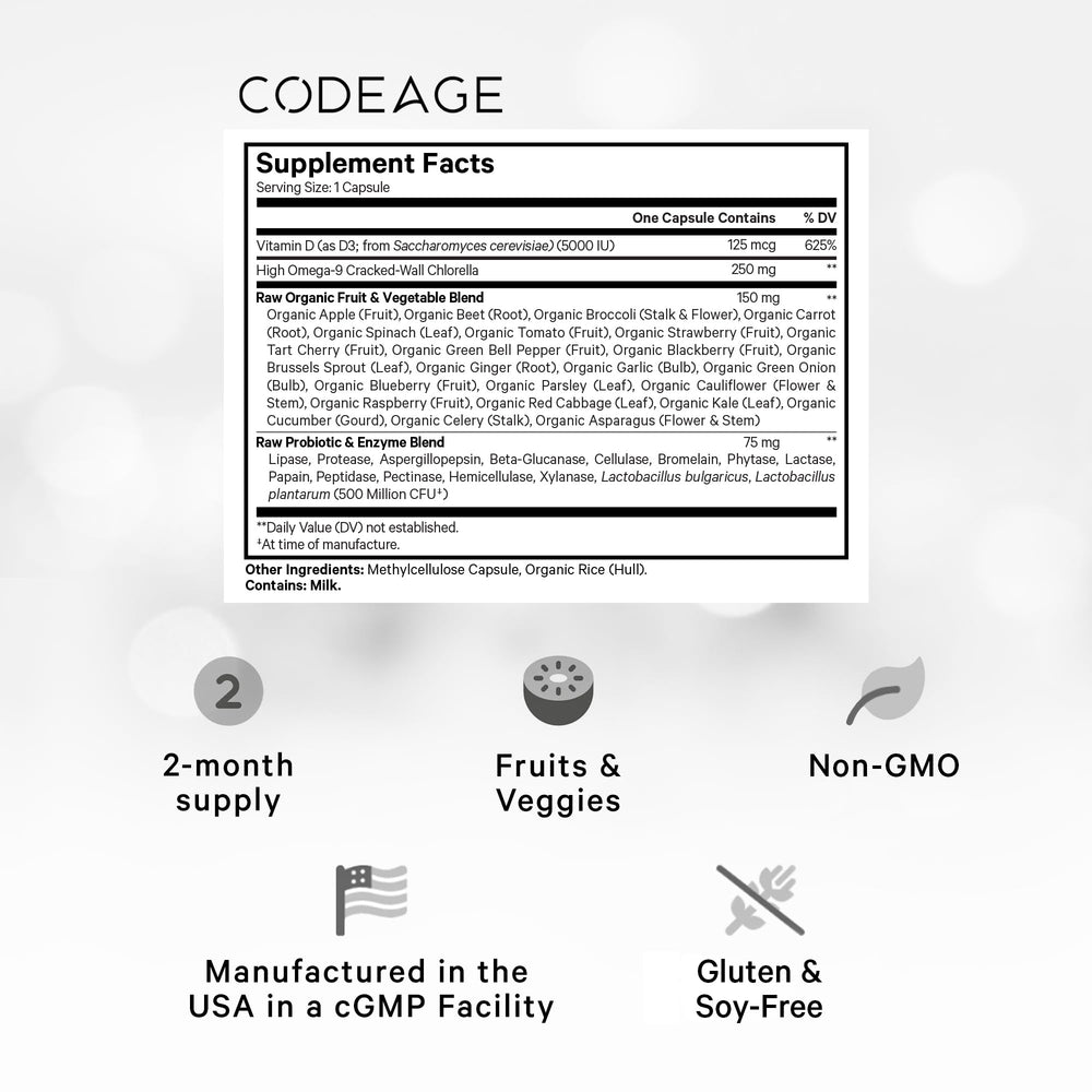 Close-up of 60 capsules for a 2-month supply