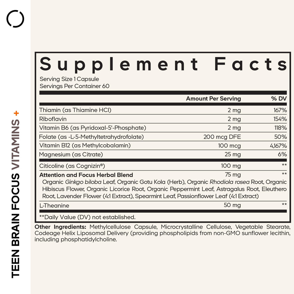 Close-up label on Codeage Teen Brain Focus bottle