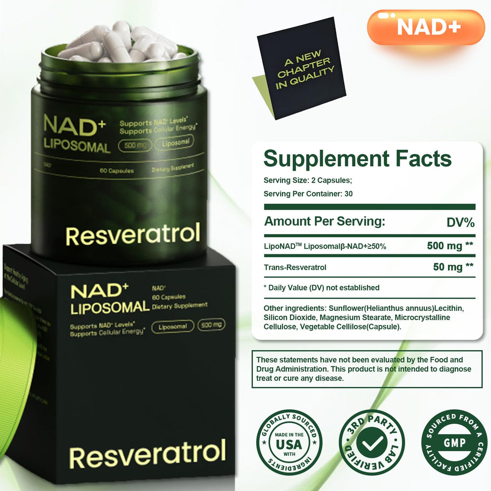 Liposomal NR and resveratrol supplement packaging