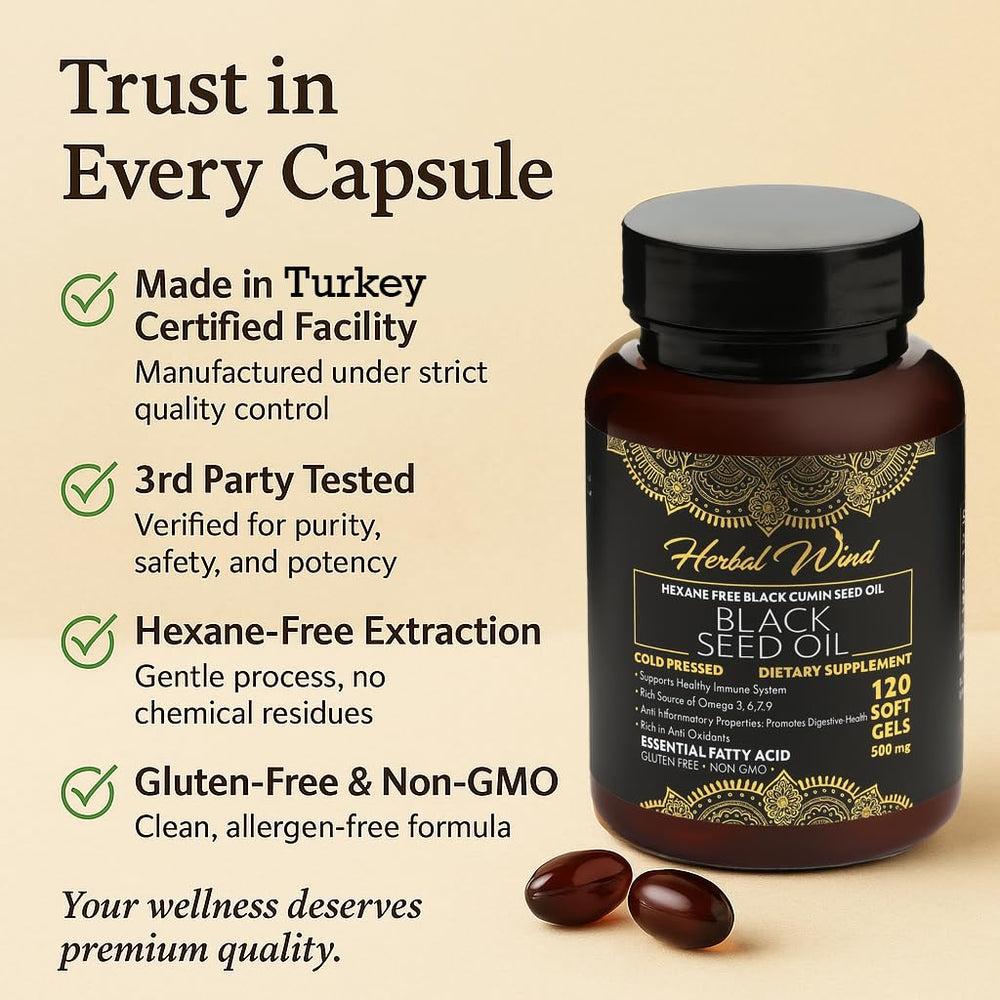 Cold-pressed black seed oil softgels with 500 mg per capsule