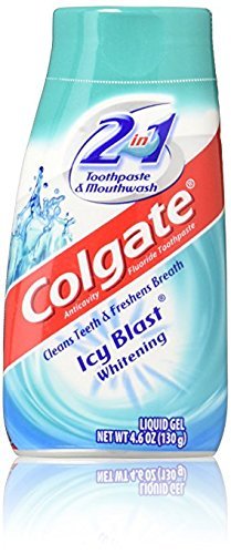 Close-up of Colgate 2-in-1 Whitening Mouthwash and Toothpaste Icy Blast bottle