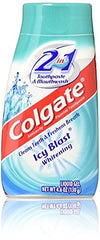 Close-up of Colgate 2-in-1 Whitening Mouthwash and Toothpaste Icy Blast bottle